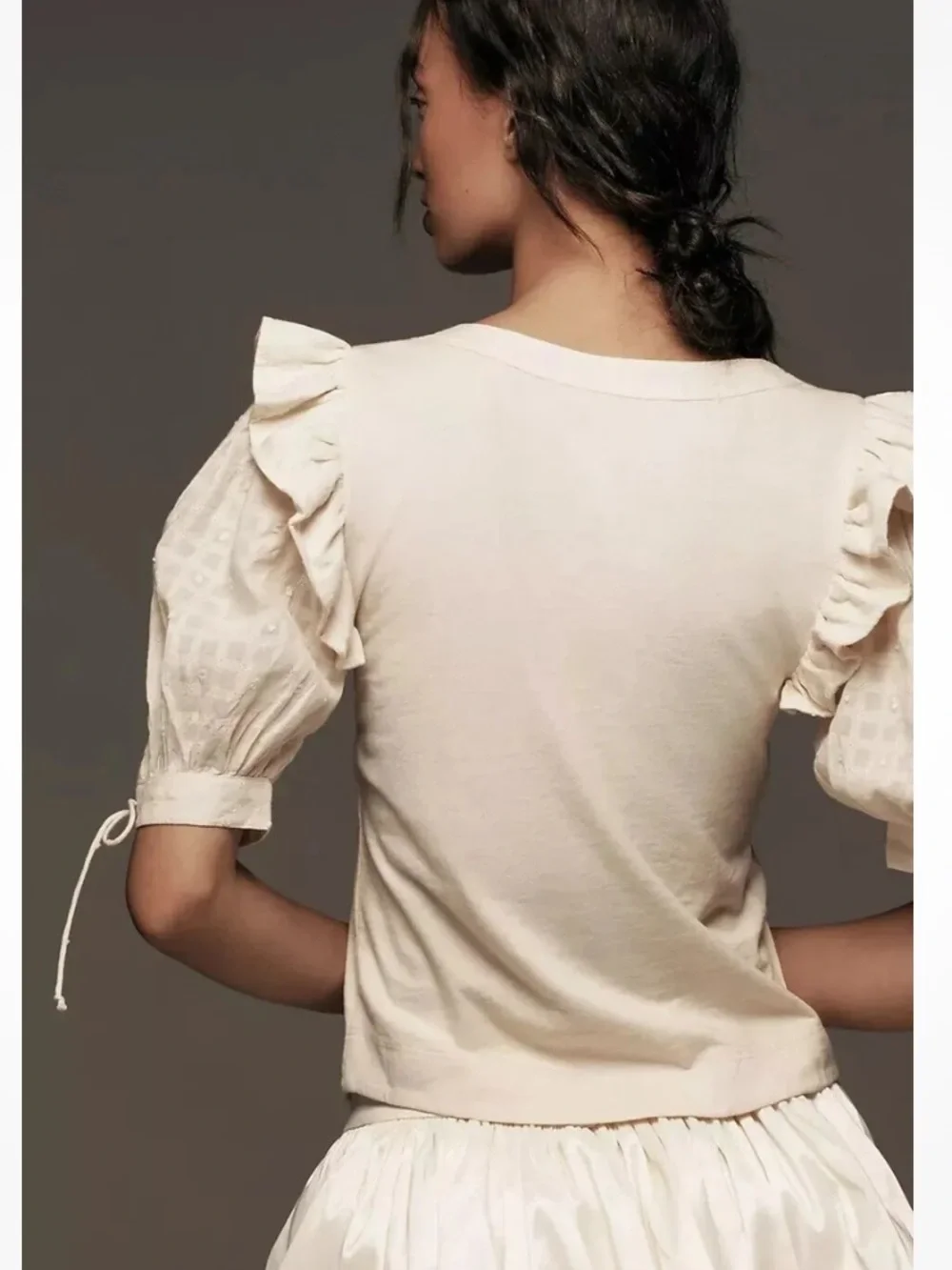 Anthropologie Cream Ruffle Sleeve Top
